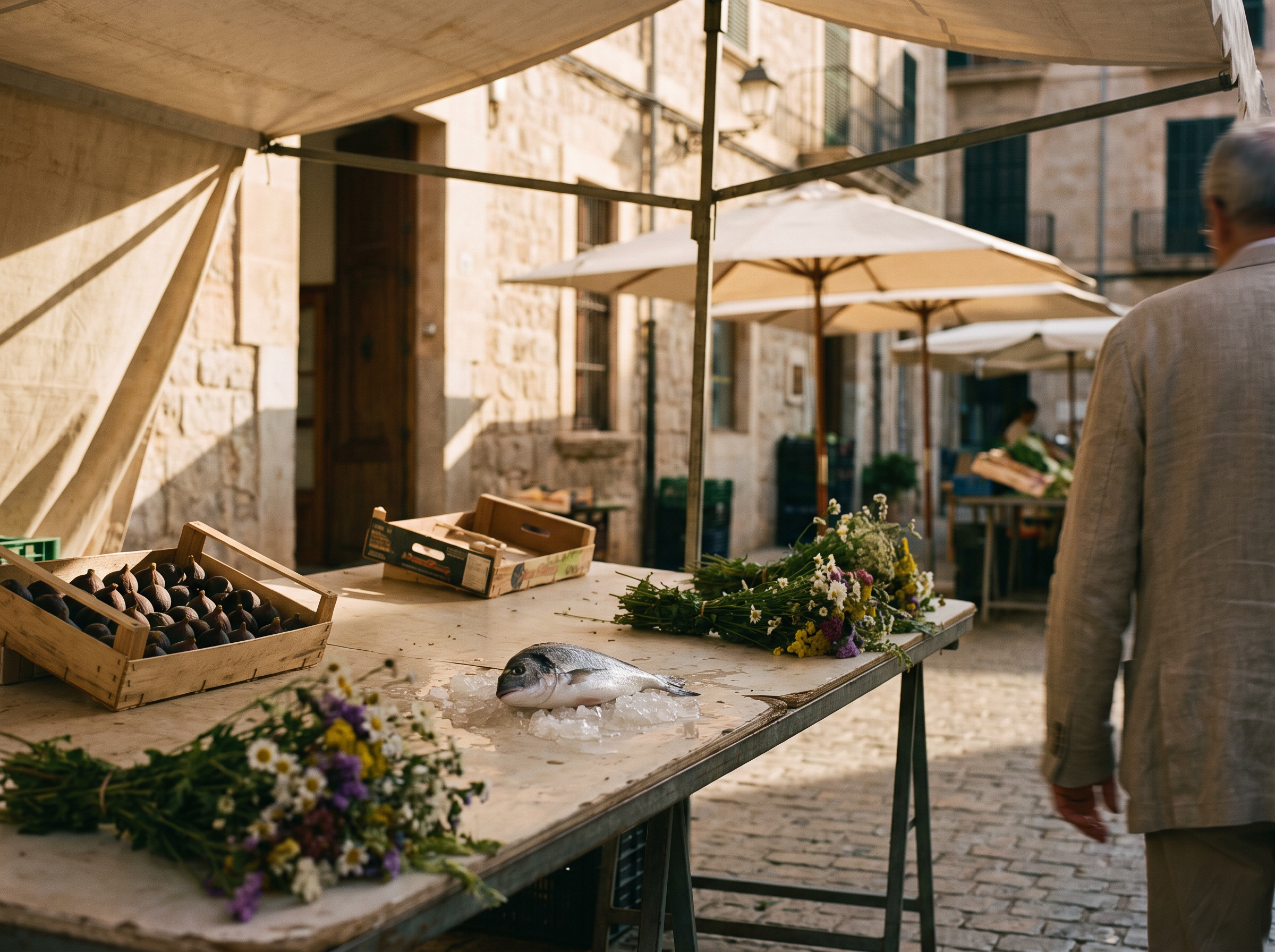 Fresh fish, figs and wildflowers laid out on a market stall table in Palma de Mallorca at golden hour